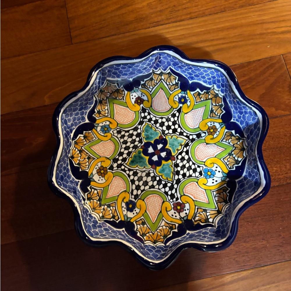 Talavera Handcrafted Blue and Yellow Ceramic Decorative Bowl